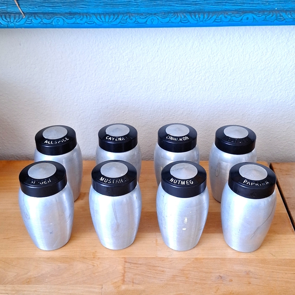 8 1955 Vintage Black and Chrome Kromex Spice Jars